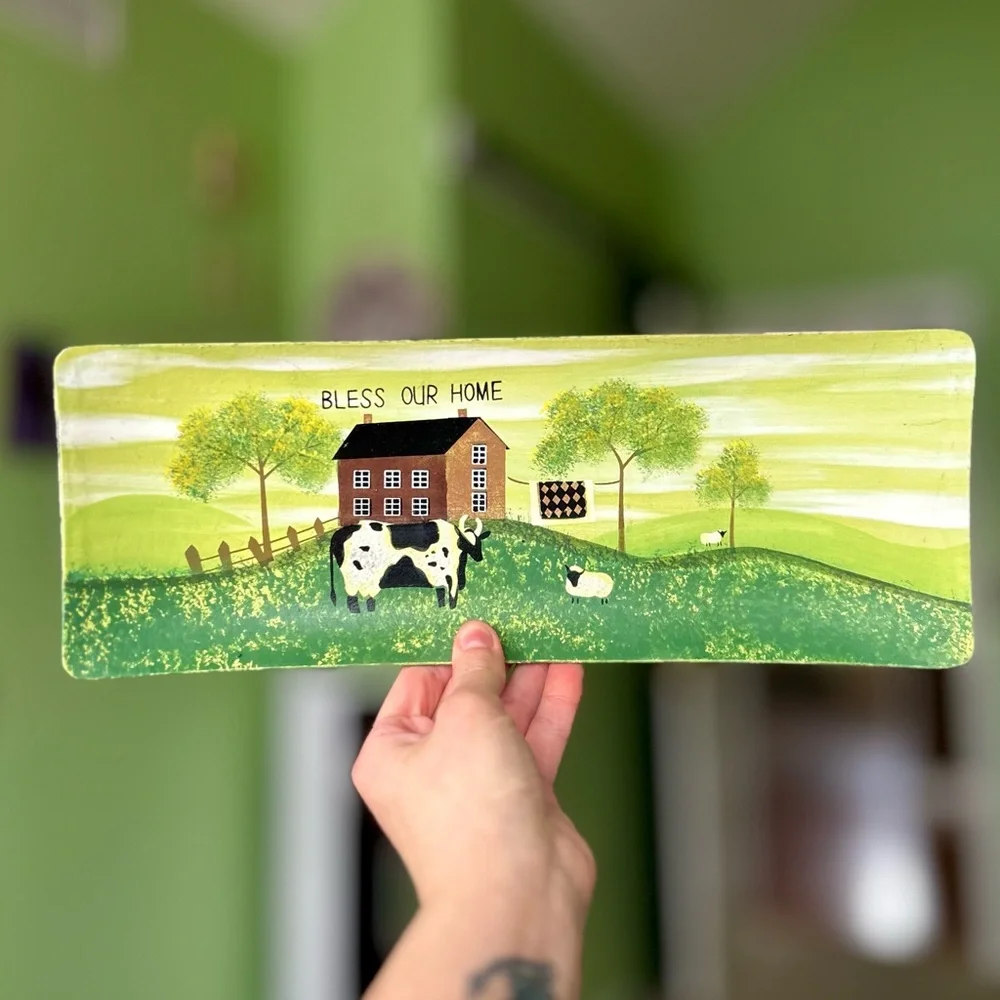 VTG Hand Painted Charming Country Farm Land Cow Bless Our Home Wall Accent